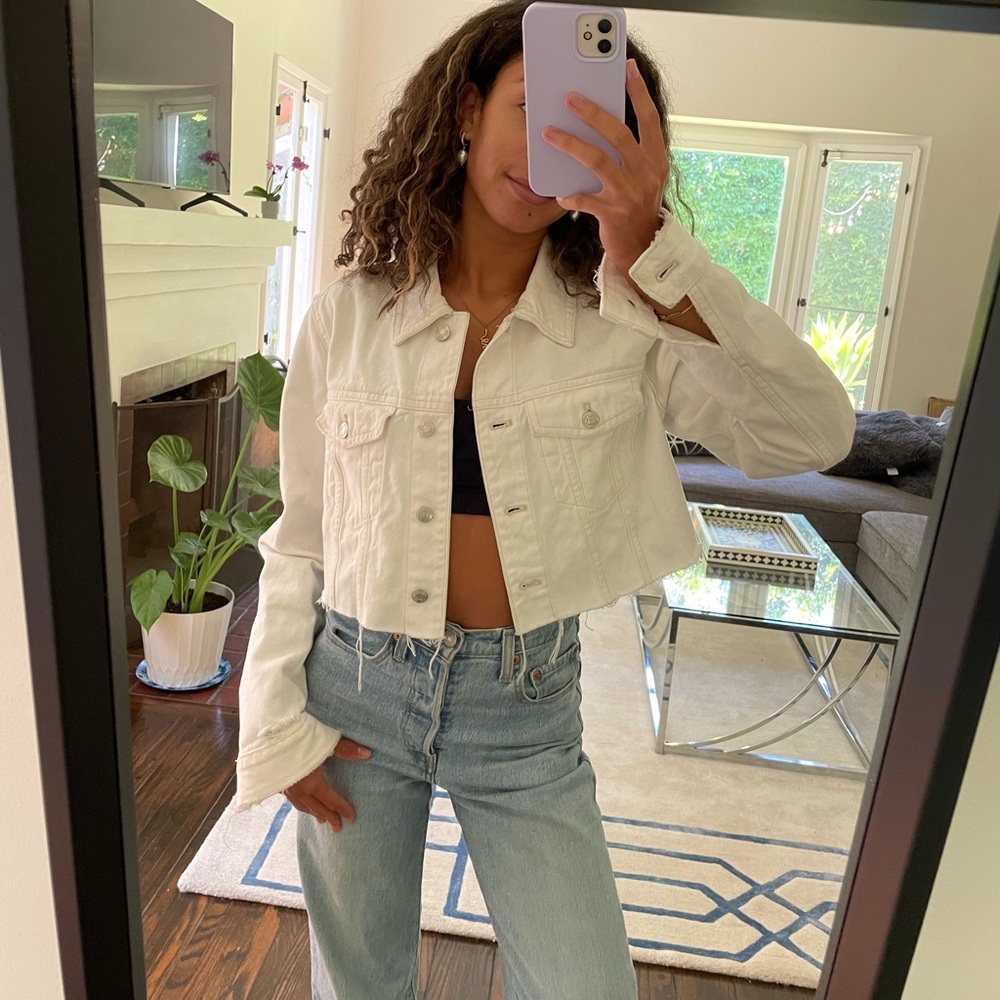 Zara cropped white denim jacket